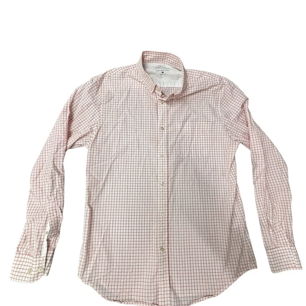 Banana Republic Luxe Poplin Slim Fit Dress Shirt Red White Windowpane Check M
